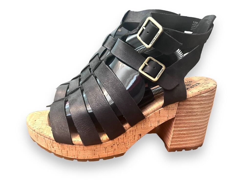 KORK EASE Camille Sandal Platform Black Leather Block Cork Heel Women Sz 10
